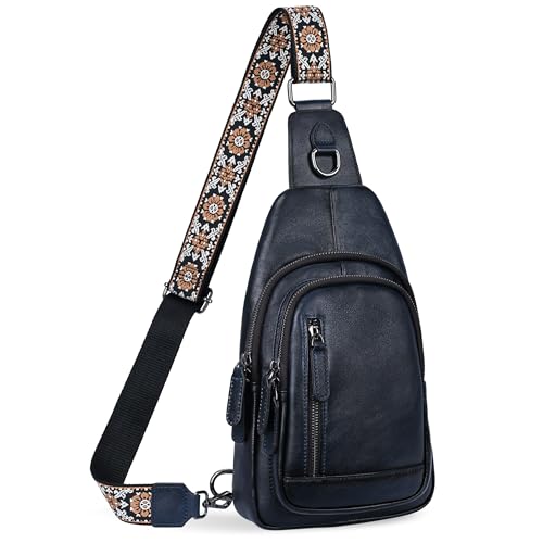 Anti-theft Leather Sling Bag Crossbody Ladies Chest Bag in Navy Blue