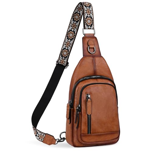 Leather Anti Theft Sling Bags Fanny Packs Crossbody Chest Bags in Light Brown