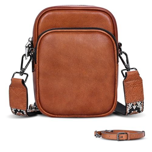 Leather Crossbody Bag Cell Phone Bag Satchel Shoulder Purse in Light Brown