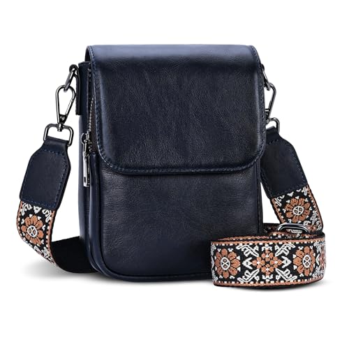 Leather Crossbody Bag Cell Phone Bag Shoulder Satchel Purse in Navy Blue