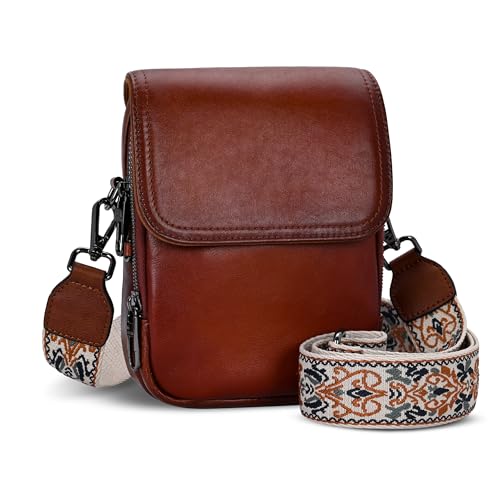 Leather Crossbody Bags Small Cell Phone Purse for Travel in Retro Brown