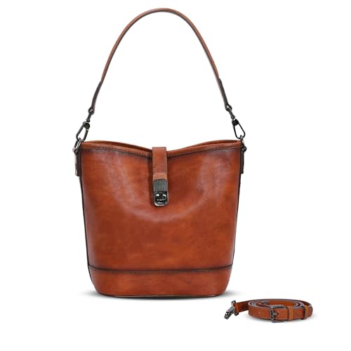 Leather Crossbody Purse Shoulder Bucket Handbag Satchel Bag in Brown