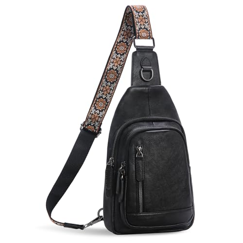 Genuine Leather Fanny Pack Sling Bag Chest Bags Purses in Black