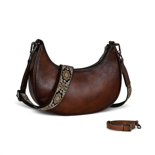 Genuine Leather Hobo Bags Small Crossbody Crescent Purses in Coffee