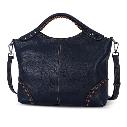 Leather Satchel Bags Tote Handbags Shoulder Hobo Purse in Navy Blue