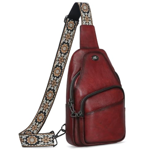 Leather Sling Bag Anti Theft Crossbody Purse Fanny Pack in Wine