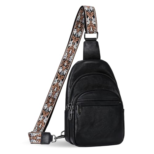 Leather Sling Bag Crossbody Fanny Pack with Card Cases in Black