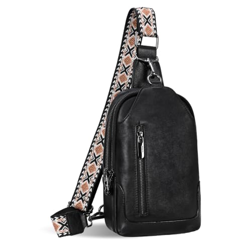 Leather Sling Bag Crossbody Purses Fanny Pack Chest Bag in Black