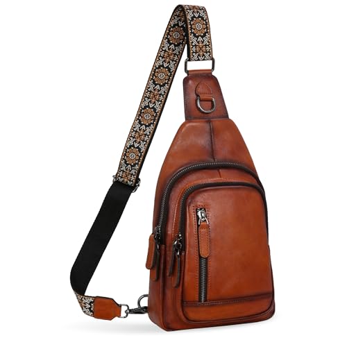 Leather Sling Bag RFID Crossbody Bag with Multi-Pocket in Brown