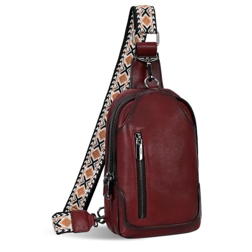 Leather Sling Bag RFID Shoulder Bag with Card Case Slot in Wine